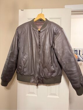 Men's Dark Brown Leather Bomber Jacket with Ribbed Trim